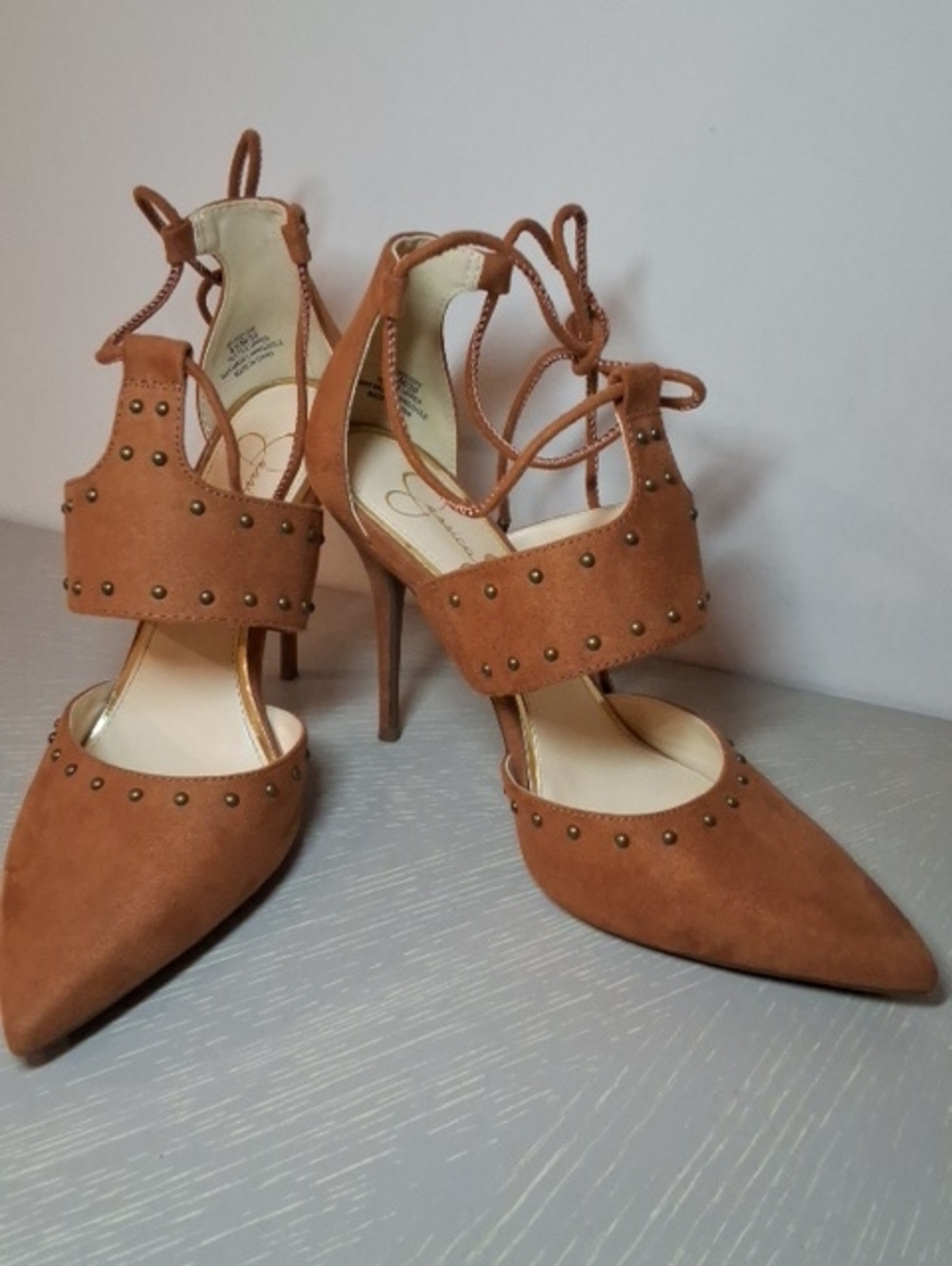 Jessica Simpson WEVIRE Tan Cognac Lace Up Studded Pointed Toe Heels 8.5